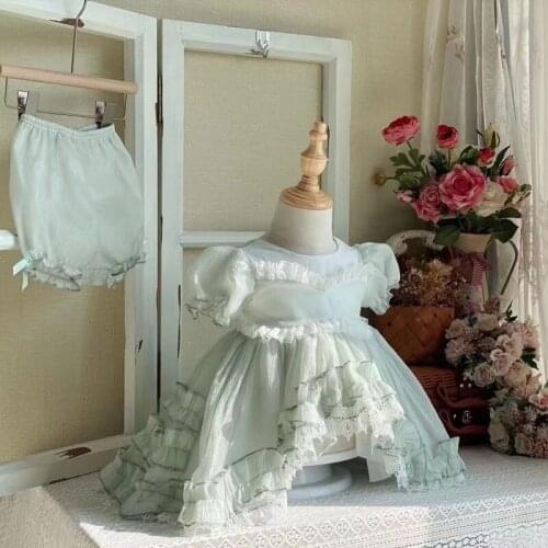 2PCS Summer Lolita Princess Mint Green Chiffon Lace Shortsleeves Asymmetric Dress Easter Turkey For Bady Girls Birthday Party