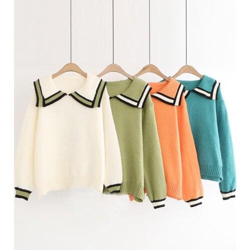 Navy Collar College Style Pullover Sweater Women Autumn New Sweet And Lovely Loose Knit Top