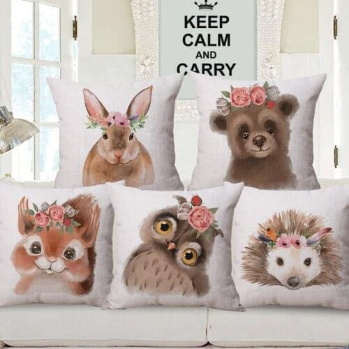 Hand Painting Animals Flowers Cushion Covers Squirrel Hedgehog Rabbit Raccoon Print Decorative Linen Pillow Case