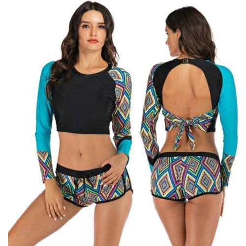 Sexy Two Pieces Women Beach Seaside Vacation Long-sleeved Split Boxer Bikini Set Swimsuit Swimwear Bather Printing Beachwear