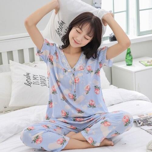 Spring and Summer New Womens Pajamas Printed V-neck Short-sleeved Trousers Casual Home Wear Sleep Tops Pijamas Women Sleepwear