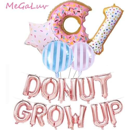 Rose Gold Donut Grow UP Balloons Banner One Year Old Happy Birthday Party Sweet Doughnuts Foil Balons Baby Shower Party Supplies