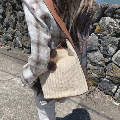 New Casual Style Straw+leather Woven Handbag Summer 2020 Shoulder Bags Simple Large Capacity Pocket Lady Shoulder Travel Totes