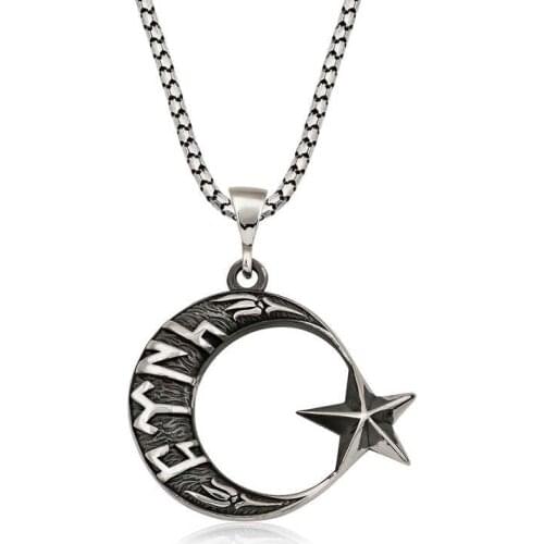 Tevuli 925 Sterling Silver Göktürkçe Turkish Written Moon Star Male Necklace