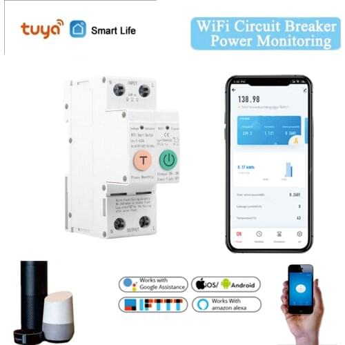 2P Tuya WiFi Smart Circuit Breaker Energy Power kWh Meter Timer Switch Relay Voltmeter Current Leakage Protection RCCB RCBO