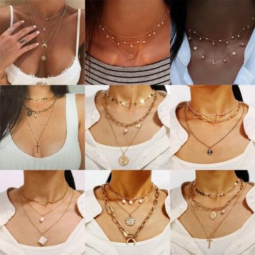 Vintage Gold Multilayer Pendant Necklaces Women Bohemia Choker Necklace Moon Star Portrait Coin Cross Pearl Jewelry Gift
