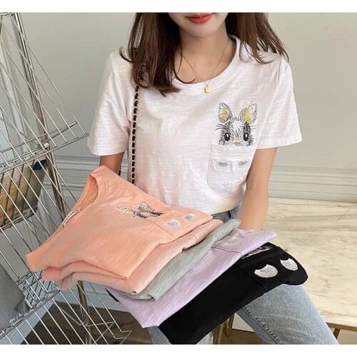 Woman Summer T-Shirt Girls Ladies Embroidery Short-sleeved T-shirt O-Neck Cotton Solid Casual Tops Printed Lovely Rabbit Tee New