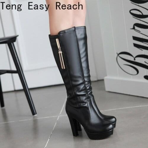 Women Boots Autumn Winter Warm High Heels Shoes Pu 2021 Sexy New Fashion Slip on Black White Brown