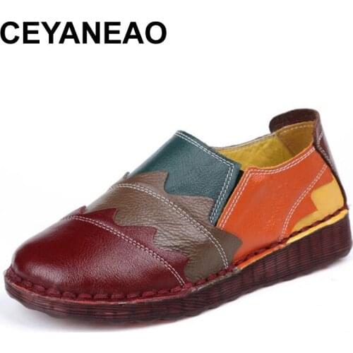 CEYANEAO Flat women shoes genuine leather 2020 spring new National Style casual women shoes matching color retro mother shoes