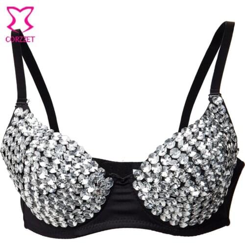 Corzzet Silver Rhinestones Sequins Sexy Bra Women Fashion Lingerie Punk Party Wear Clubwear push up Bra For Women2018