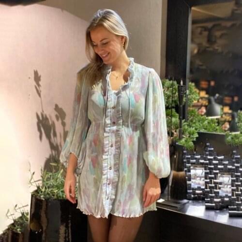 Womens Beach Dress Colorful Printed Bohemian Ruffled Puff Sleeve Elegant Party Mini Dress