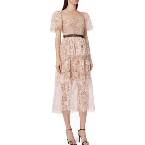 2021 New Arrival Spring Summer Women Dress High Quality Mesh Flowers Embroidery Sequined Cake Hem Lace Runway Dress