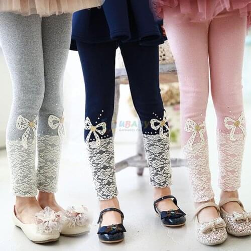 2020 Spring Korean Style Kids Clothes Girls Solid Lace Bow Baby Kids Flower Bowknot Child Legging Trousers Lace Girls Pants