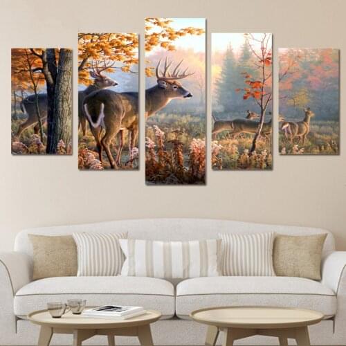 5 Panels HD Printed Unframed Canvas Art Painting Deer Forest Landscape Wall Pictures Home Decor for Living Room