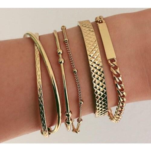5 Pieces/set of Personalized Retro Gold Metal Bracelet Simple Water Ripple Punk Hip Hop Chain Chain Bracelet Jewelry Gift