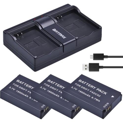 Batmax 3pcs For Drift FXDC02 Camera Battery+USB Dual charger for Drift 72-011-00 FXDC02 CFXDC02 HD Ghost Ghost-S HD720