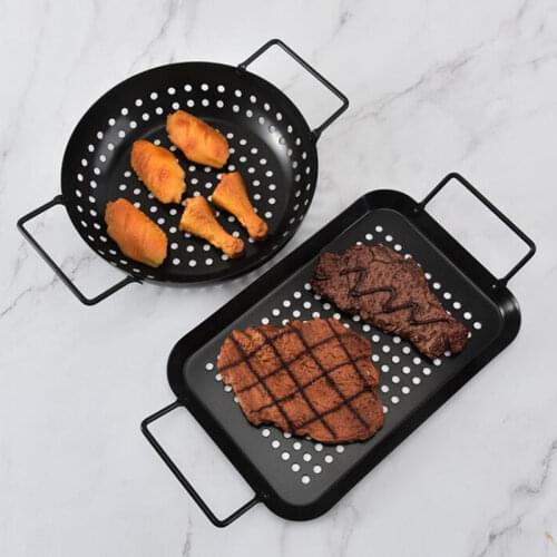 Non-Stick Stainless Steel Barbecue Dish with Handle Drain Hole Outdoor Camping BBQ Grill Rack Bakeware Meat Steak Pan Plate