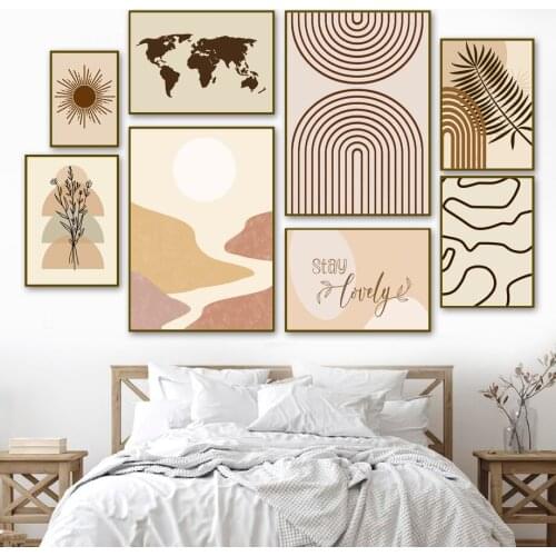 Boho Abstract Line Map Plant Sunrise Mountain Wall Art Print Canvas Painting Nordic Poster Wall Pictures For Living Room Decor