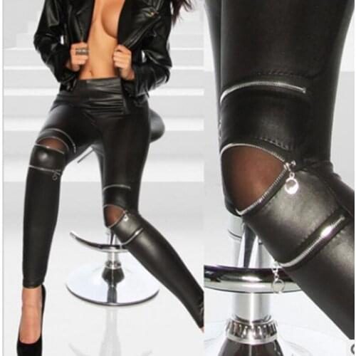 High Elasticity Three Zipper PU Leather Running Tights Black Skinny Long Pants Women Pants With Zipper