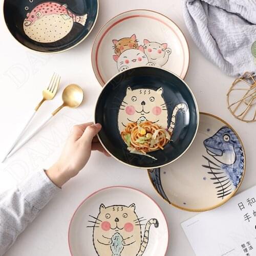 Overglaze Ceramics Plate Hand Drawn Animals Main Course Dining Table Fruit Salad Dishs Afternoon Tea Cake Dish Kitchen Tableware