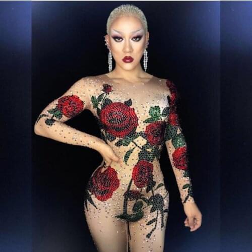 Bright Crystals Rose Flower Jumpsuit Women Sexy Outfit Party Costumes Stage Wear BodySuit Dance Singer RhinestoneS Rompers