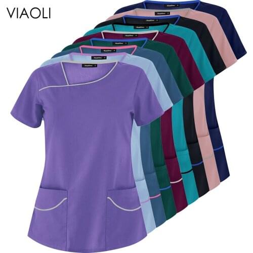Summer Nurse Uniform Wholesale Short Sleeve Pocket Health Service Workers T-Shirt Doctor Tops Scrubs Uniforms Women Lab Clothes
