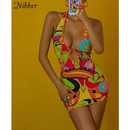 Nibber Y2K Fashion Colourful Printing Mini Halter Dresses Women Sexy Hollow Out Backless Bodycon Dress Summer Vacation Clothing