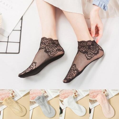 Sexy Low Invisible Ankle Transparent Hollow Out Socks Spring Summer Woman Lace Flower Short Boat Sock Non-slip Short Socks
