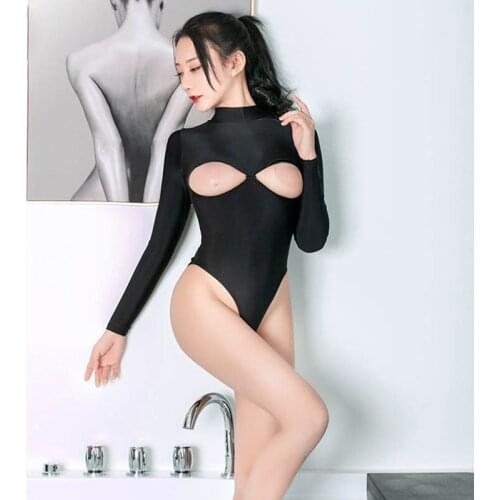 New Sexy Underwear High Neck Long Sleeve Chest Invisible Zipper Opening Oily Stretch One-Piece Swimsuit Yoga Clothing Temptation