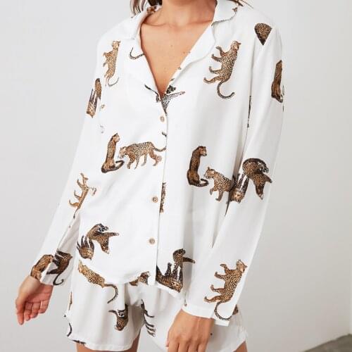 Tiger Print Woven Pajamas Suit Ladies V-neck Long-sleeved Shorts Summer Sleepwear Two-piece Home Casual Womens Clothing
