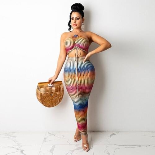 Printed Sexy Sling Drawstring Tube Top Dress Bodycon Curved Stripe Outfit Open Back Night Club Wear Wholesale Drop Shipping