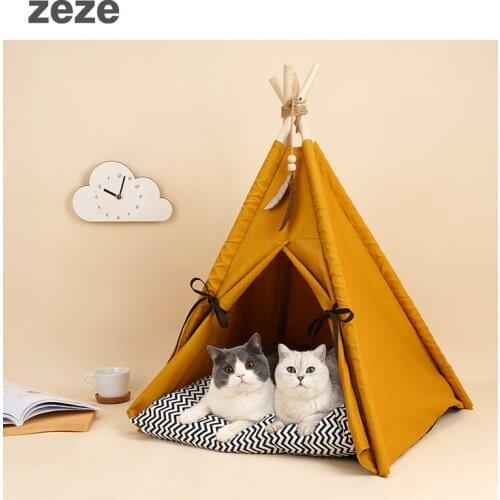 Pet Teepee Dog & Cat Bed White Canvas Dog Cute House - Portable Washable Dog Tents for Dog(Puppy) & Cat Pet (with Cushion)