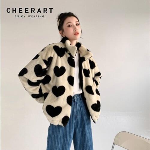 CHEERART Beige Faux Fur Coat Women Heart Print Sherpa Kawaii Fleece Jacket Cute Winter Outerwear Korean Fashion Clothing