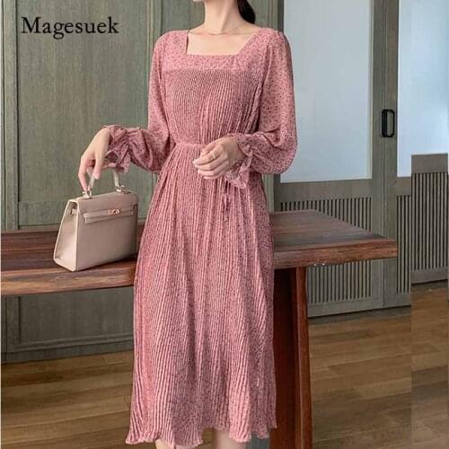 Square Collar Vintage Polka Dot A-line High Waist Pleated Dress Elegant Women Chiffon Fashion Vestidos Dresses Women 11183