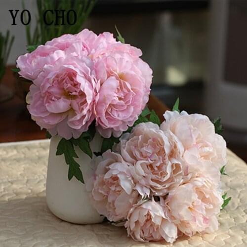 YO CHO 1 Bouquet 5 Heads Silk Peony Artificial Flowers Big Peony Wedding Flowers Bouquet Home Table Vase Decoration Fake Flowers