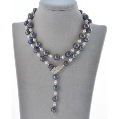 Z11096 32" 12mm Black White Round Edison Keshi Pearl Necklace Leaves CZ