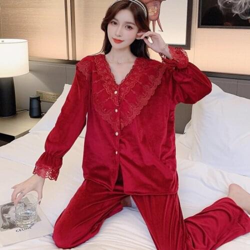 Women Burgundy Velvet Pijamas Warm Pajamas Set Autumn Home Clothes Homewear Nightwear Pyjamas