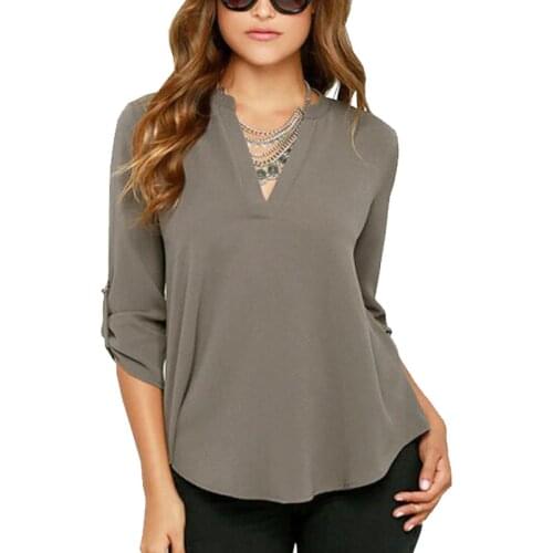 Women V-neck Chiffon Blouse 3/4 Sleeve Female Shirt Feminina Camisas Blusas Casual Solid Tops Plus Size