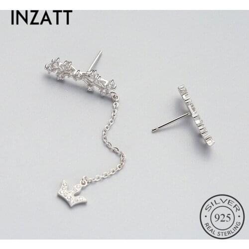 INZATT Asymmetry Boho Zircon Crystal Dangle Crown Drop Earrings 925 Sterling Silver Metal Chain Tassel Fine Jewelry For Women
