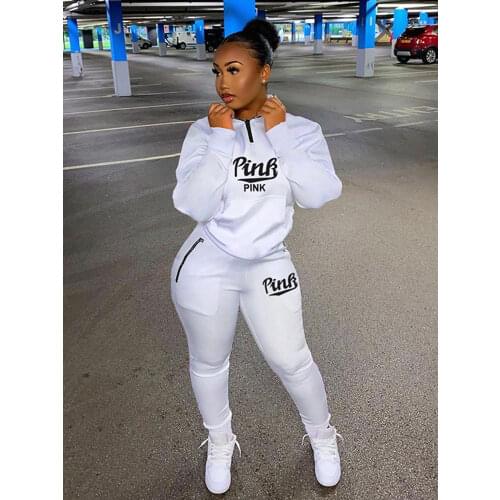 Winter Tracksuits Suits Two Piece Set Women Pink Letter Print Sport Casual Outfits Zip Sweatshirt Top+Pants Set Women Sweat Suit