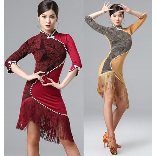 Chinese Style Latin Dance Practice Dress Female Samba Performance Oriental Cheongsam Pearl Fringed Sexy Slim Dresses DL4956