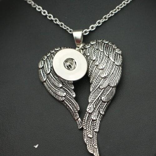 1PC High Quality Big Vintage Angel Wing Snap Metal Button Pendant Necklace With 50cm Steel Chain Fit 18mm Diy Snap Jewelry