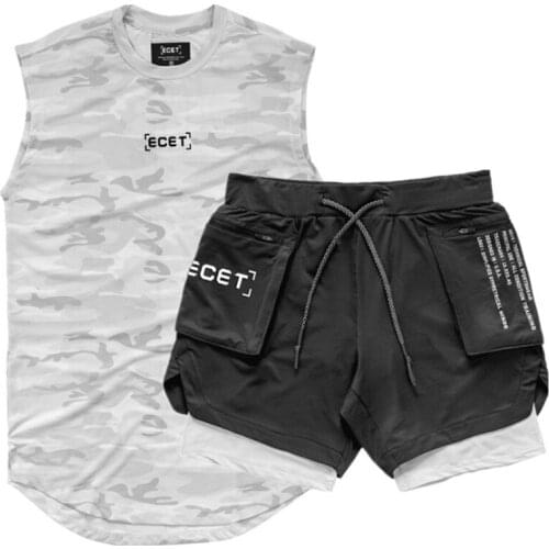 2 Pcs/Set Sports Set Mens Suits Running Shirts/Vests+Sports Shorts Jogging Mens Sportswear Suit Soccer Running Fitness Gym Sets