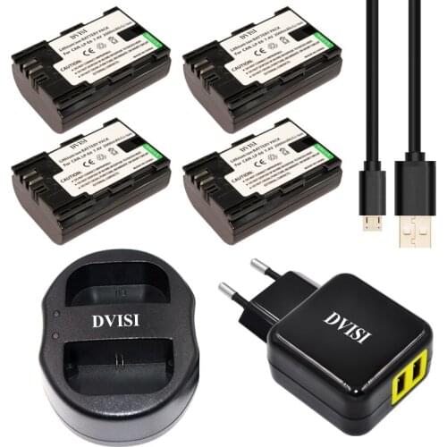4pcs LP-E6 LP E6 LPE6 Rechargeable Battery+USB Dual Charger for Canon 70D 5DII 5D2 5D3 7D 6D 60D with EU/US 2 Pin Plug Adapter