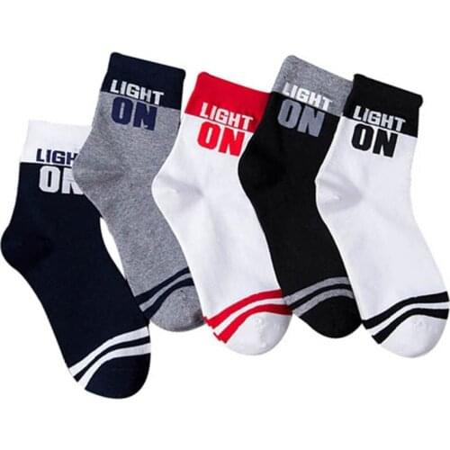 5pairs Men Skateboard Short Socks Meias Personality English Letter LIGHT ON Adult Socks Autumn Winter Warm Cotton Male Sock Crew