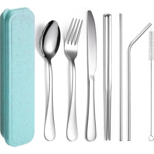 8Pcs/set Camping Tableware Set Reusable Travel Portable Cutlery Set Stainless Steel Spoon Fork Chopsticks Straw with Gift Box