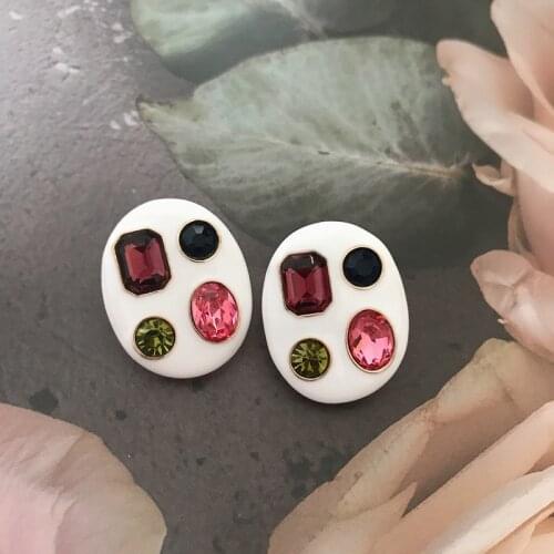 White Enamel Colorful Glass-Stones Oval-Shape Earrings Party Girl Gifts Mujer Ear Jewelry Wholesale