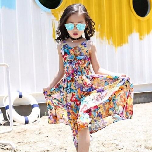 Bohemian Princess Dress for Teenage Girls 6 To 14 Years Floral Pattern Beach Sleeve Dresses Summer 2021 Children Chiffon Clothes