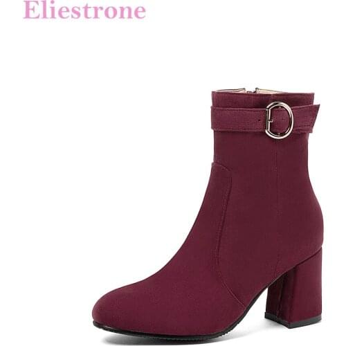 Brand New Comfortable Wine Red Black Women Ankle Boots Med Sqaure Heels Lady Shoes Plus Big Small Size 10 30 43 46