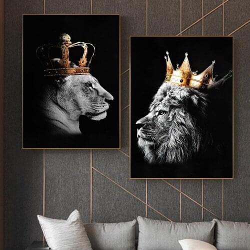 Black And White Lion King And Queen Animal Poster Painting On The Wall Art Canvas Prints Nordic Decor Mural Pictures For Room